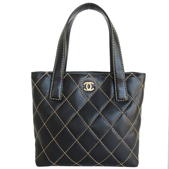CHANEL Handbag Tote Bag Wild Stitch Leather Black Gold Women's s0678g - Picture 1 of 5